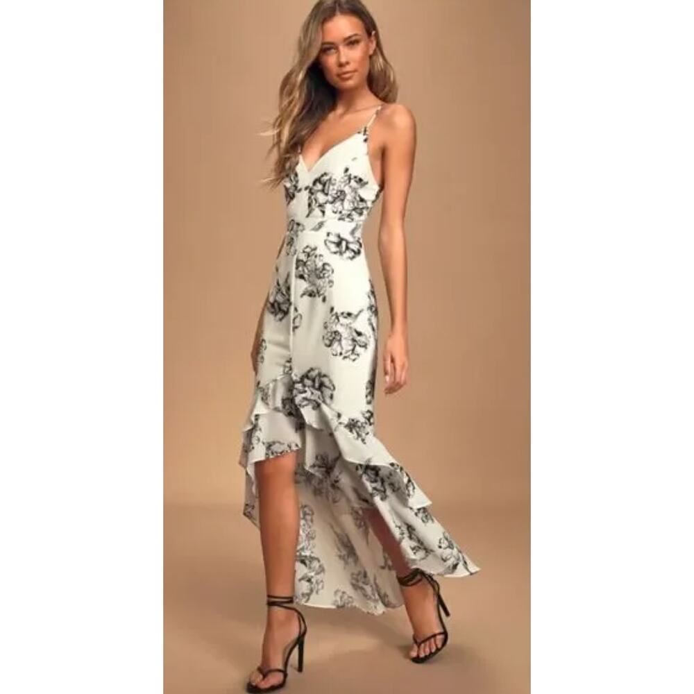 NWT Lulus Cupshe Darling Daylily Black White Floral Print High-Low Maxi Dress S